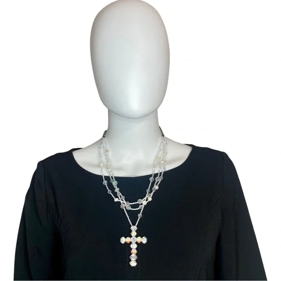 Freshwater Pearl & Swarovski Crystal Tri-Strand Cross Necklace and Earrings